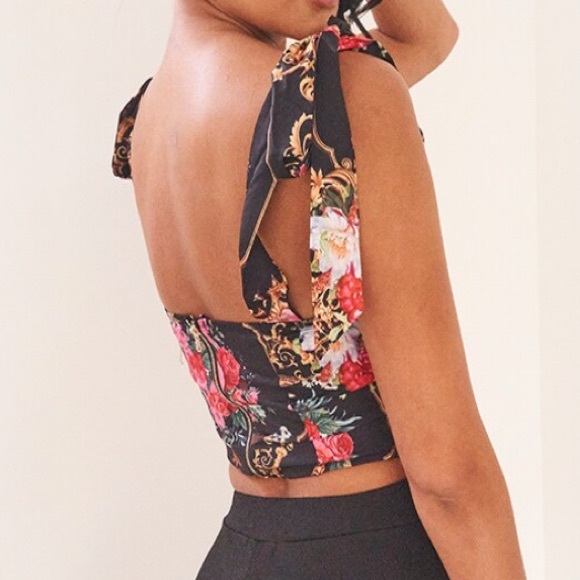 Pink Satin Floral Baroque Tie Strap Crop Top - Picture 2 of 2
